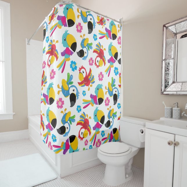 Colorful Parrots, Tropical Parrots, Birds, Flowers Shower Curtain (In Situ)