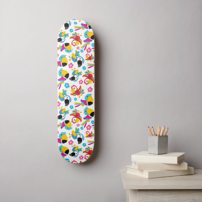 Colorful Parrots, Tropical Parrots, Birds, Flowers Skateboard (Wall Art)