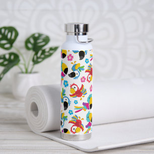 Colorful Parrots, Tropical Parrots, Birds, Flowers Water Bottle