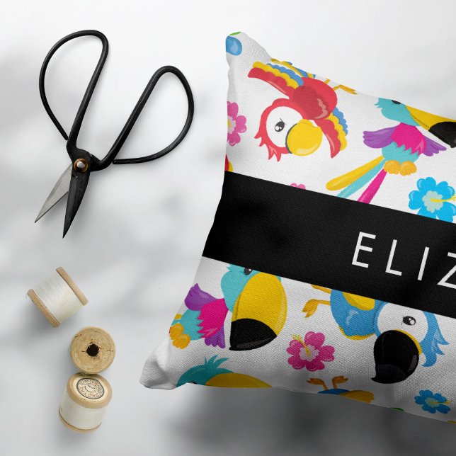 Colorful Parrots, Tropical Parrots, Your Name Accent Pillow (Creator Uploaded)