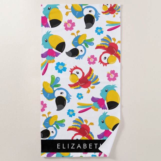 Colorful Parrots, Tropical Parrots, Your Name Beach Towel (Front)