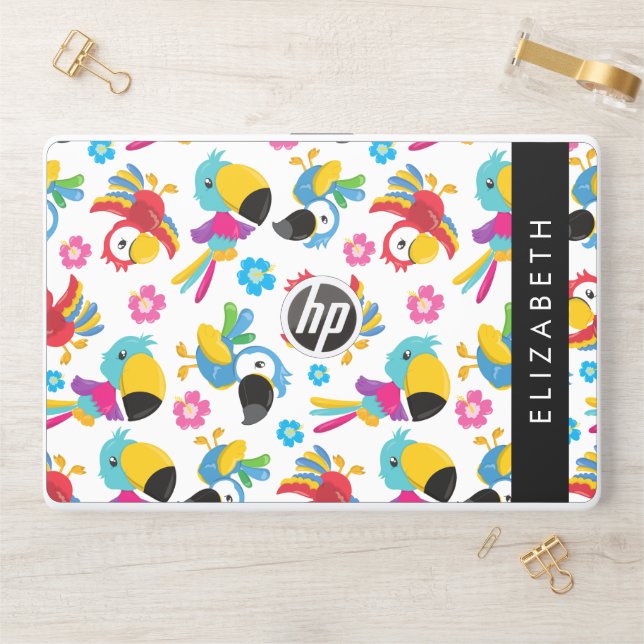 Colorful Parrots, Tropical Parrots, Your Name HP Laptop Skin (Desk)