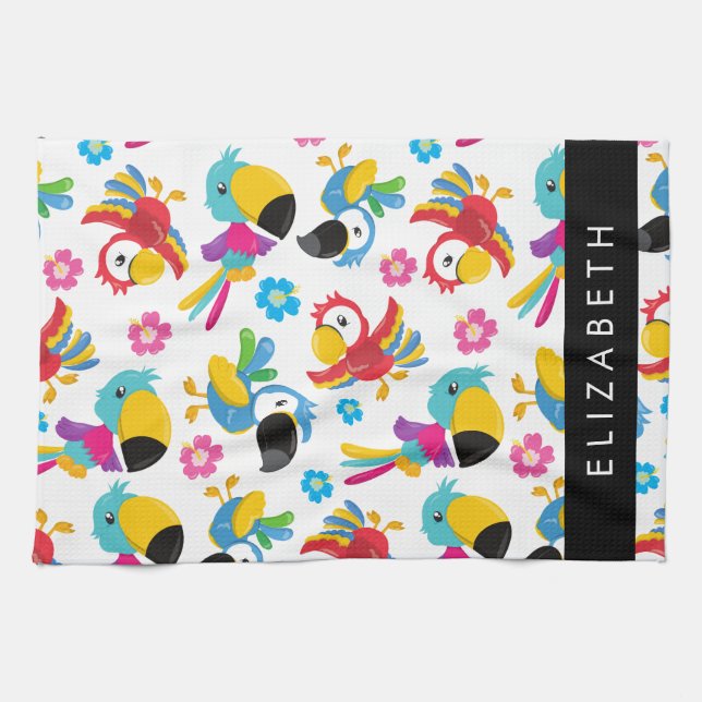 Colorful Parrots, Tropical Parrots, Your Name Kitchen Towel (Horizontal)