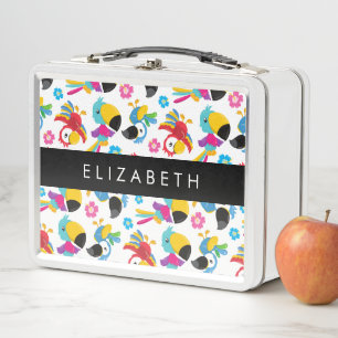 Colorful Parrots, Tropical Parrots, Your Name Metal Lunch Box