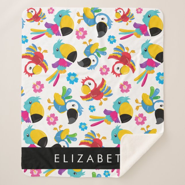 Colorful Parrots, Tropical Parrots, Your Name Sherpa Blanket (Front)