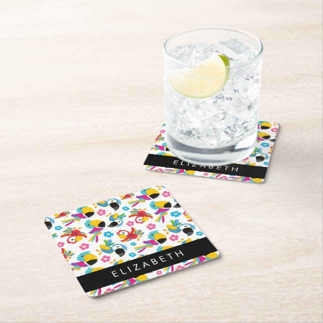 Colorful Parrots, Tropical Parrots, Your Name Square Paper Coaster (Insitu)