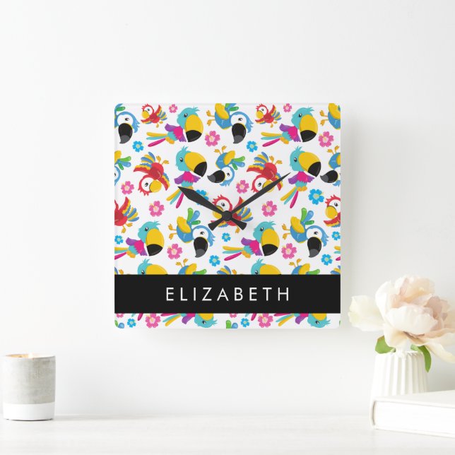 Colorful Parrots, Tropical Parrots, Your Name Square Wall Clock (Home)