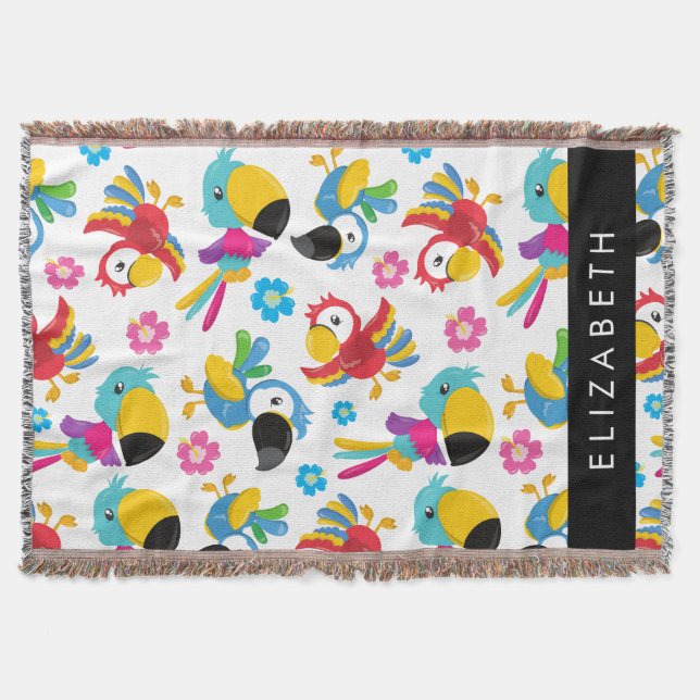Colorful Parrots, Tropical Parrots, Your Name Throw Blanket (Front)