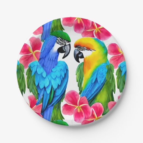 Colorful Parrots with Tropical Flowers  Paper Plates