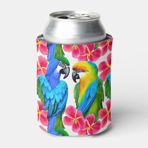 Colorful Parrots with Tropical Flowers Throw Pillo Can Cooler