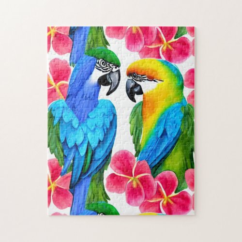 Colorful Parrots with Tropical Flowers Throw Pillo Jigsaw Puzzle