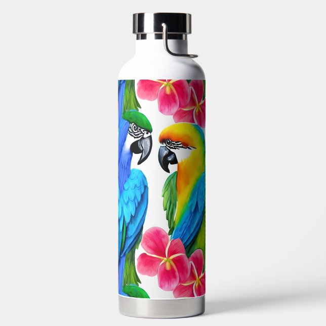 Colorful Parrots with Tropical Flowers  Water Bottle (Left)