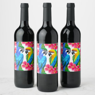 Colorful Parrots with Tropical Flowers Wine Label