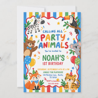 Colorful Party Animals 1st Birthday Invitation