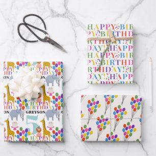 Colorful Party Animals Balloons and Happy Birthday Wrapping Paper Sheets