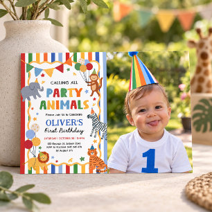 Colorful Party Animals Boy 1st Birthday Photo Invitation
