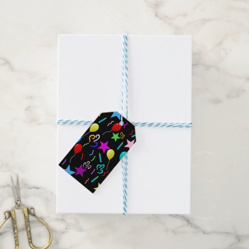 Colorful party balloons and stars gift tags