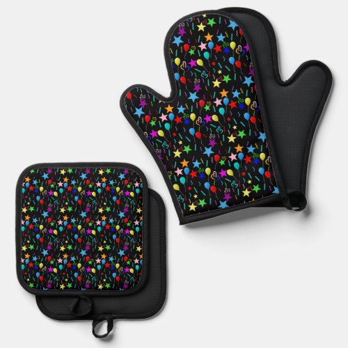 Colorful party balloons and stars oven mitt  pot holder set