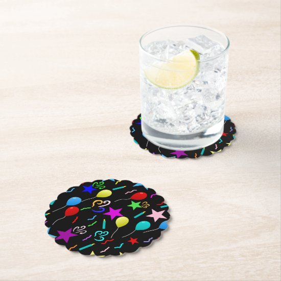 Colorful party balloons and stars paper coaster