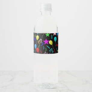 Colorful party balloons and stars water bottle label
