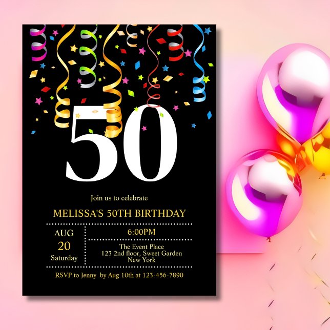 Colorful Party Confetti Ribbon Black Birthday  Invitation (Creator Uploaded)