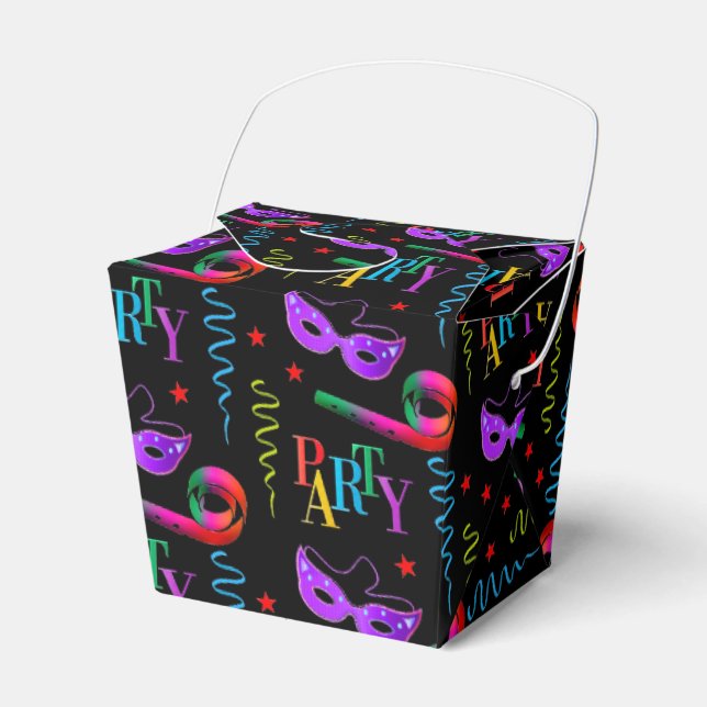 Colorful Party Masks Celebration Collage Black Favor Boxes (Front Side)