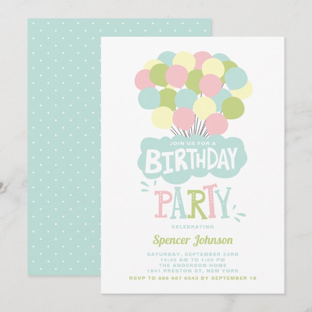 Colorful Pastel Balloons Kids Birthday Invitation (Front/Back)