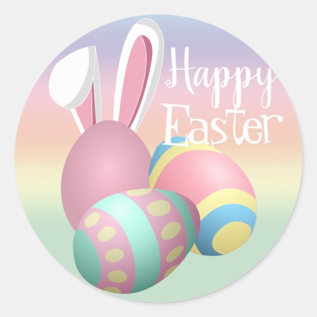 Colorful Pastel Bunny Ears Happy EASTER Classic Round Sticker (Front)