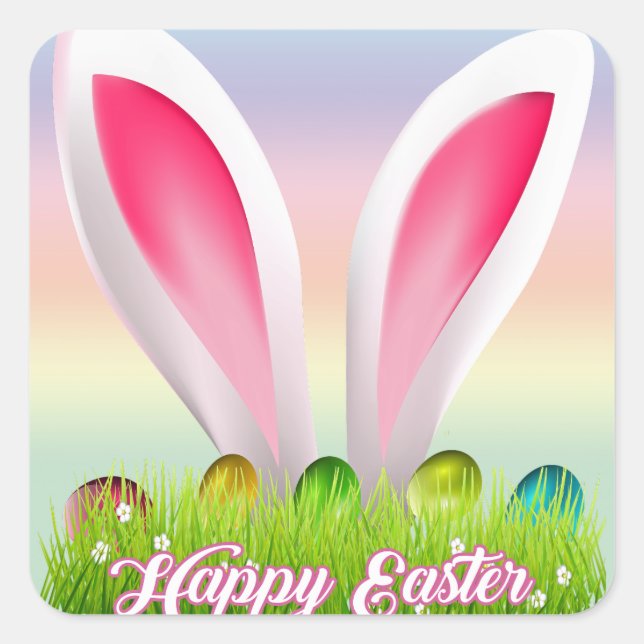 Colorful Pastel Bunny Ears Happy EASTER Square Sticker (Front)