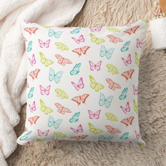 Colorful Pastel Butterfly Pattern Throw Pillow (Blanket)