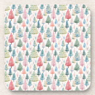 Colorful Pastel Christmas Pine Trees Pattern Beverage Coaster