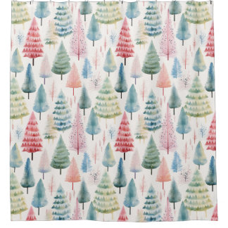 Colorful Pastel Christmas Pine Trees Pattern Shower Curtain