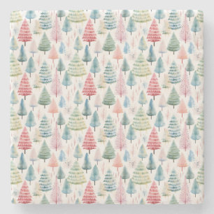 Colorful Pastel Christmas Pine Trees Pattern Stone Coaster