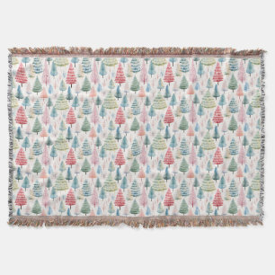 Colorful Pastel Christmas Pine Trees Pattern Throw Blanket