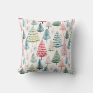 Colorful Pastel Christmas Pine Trees Pattern Throw Pillow