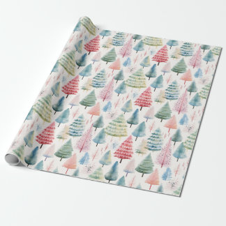 Colorful Pastel Christmas Pine Trees Pattern Wrapping Paper