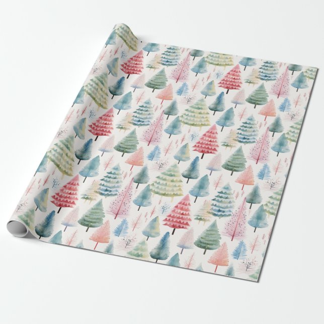 Colorful Pastel Christmas Pine Trees Pattern Wrapping Paper (Unrolled)