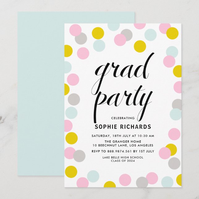 Colorful Pastel Confetti Dots Graduation Party Invitation (Front/Back)