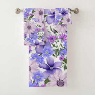 Colorful Pastel Cute Lavender Daisies Fern Pattern Bath Towel Set