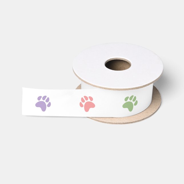 Colorful Pastel Dog Animal Paw Prints Satin Ribbon (Spool)