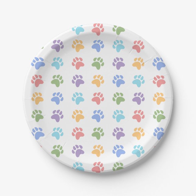 Colorful Pastel Dog Paw Prints Pattern Paper Plates (Front)