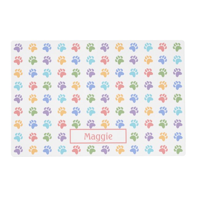 Colorful Pastel Dog Paw Prints Pattern With Name Placemat (Front)