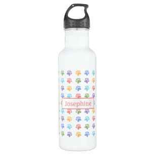 Colorful Pastel Dog Paw Prints With Custom Name Stainless Steel Water Bottle
