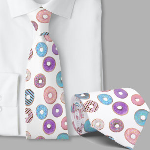 Colorful pastel donut pink and blue illustration neck tie