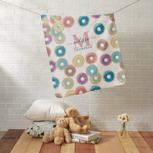 Colorful Pastel Donuts  Sprinkles Monogram Baby Blanket