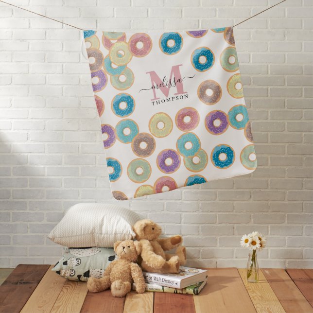 Colorful Pastel Donuts & Sprinkles Monogram Baby Blanket (In Situ)