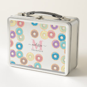 Colorful Pastel Donuts & Sprinkles Monogram Metal Lunch Box