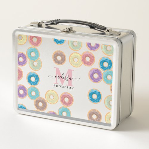 Colorful Pastel Donuts  Sprinkles Monogram Metal Lunch Box
