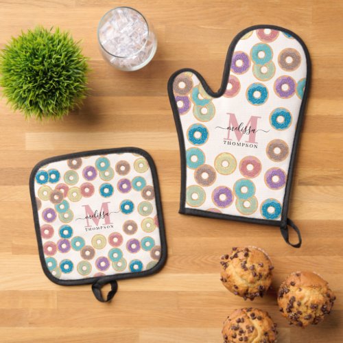 Colorful Pastel Donuts  Sprinkles Monogram Oven Mitt  Pot Holder Set