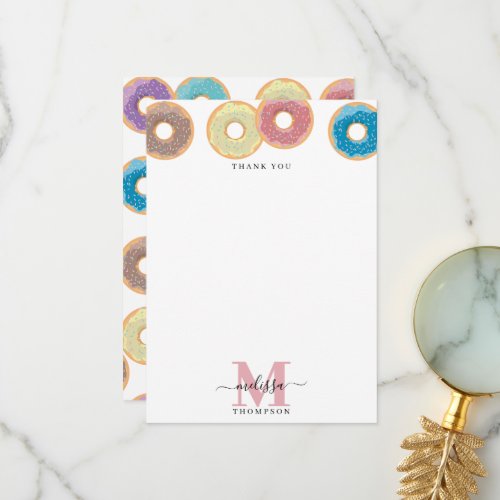 Colorful Pastel Donuts  Sprinkles Monogram Thank You Card